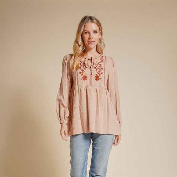 HEM & THREAD Tan Embroidered Peasant Blouse, Boho Floral Long Sleeve Top, Flowy - Picture 6 of 7